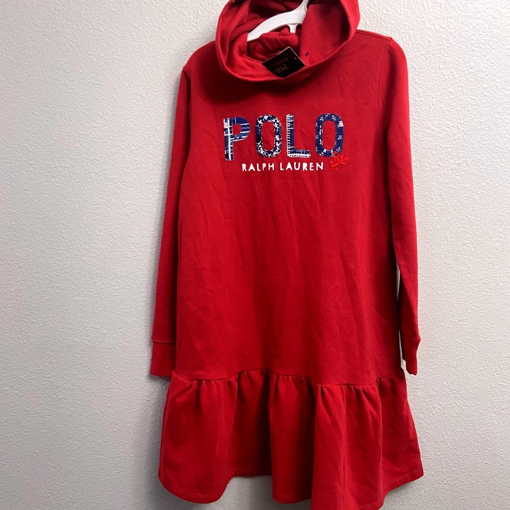 Ralph Lauren Kids Girls Red Polo Logo Fleece Hoodie Dress Size Lโ 12-14 NWT